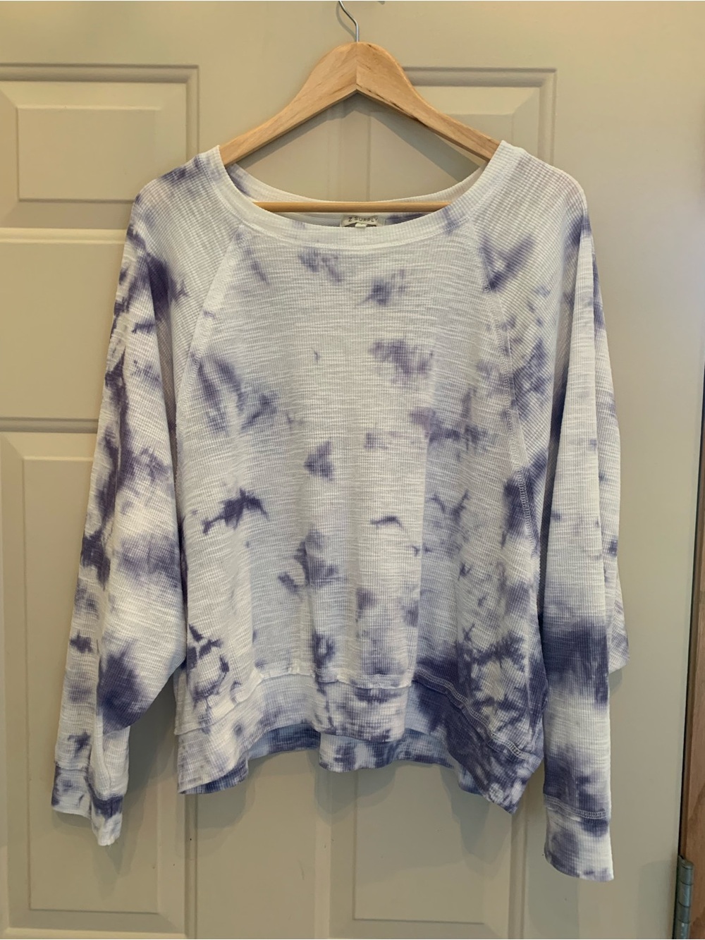 Z Supply White and Lavender Tie-Dye Waffle Knit Pullover